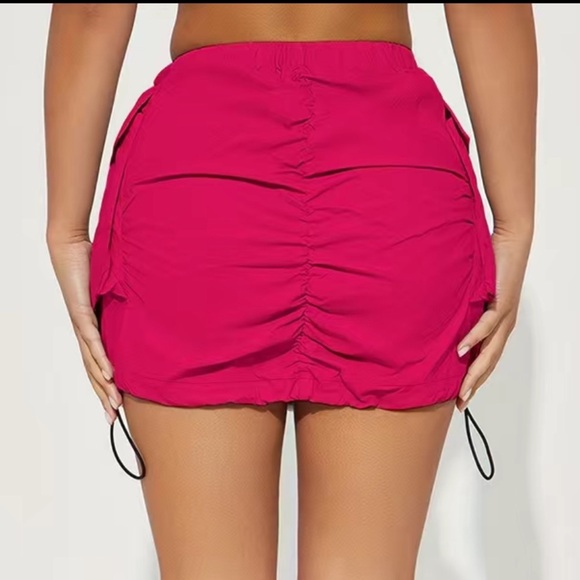 Hot Pink Pleated Cargo Mini Skirt with Drawstring - Picture 2 of 3